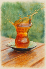 Splashing Turkish Tea &ndash; Watercolor Digital Illustration- AI Enhanced