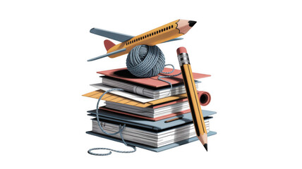 Airplane and pencils are balancing on a stack of notebooks and folders, symbolizing travel planning or creative projects, with a transparent background for easy integration into designs