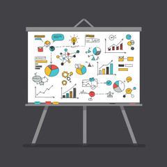 Colorful infographic presentation on a whiteboard with graphs and charts illustrating data analysis
