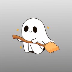 Cute Ghost Riding a Flying Broomstick
