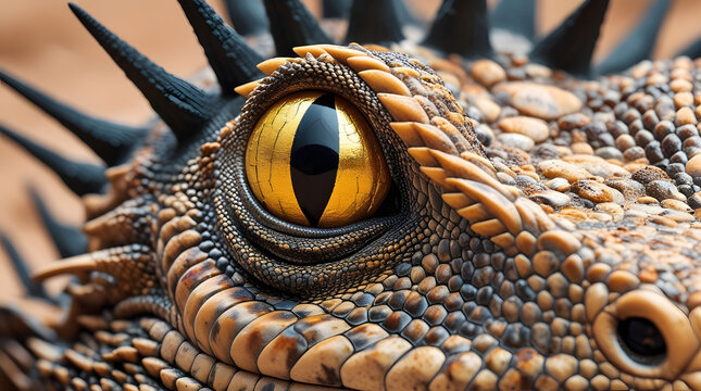Close-up macro shot of a Sanda lizard&rsquo;s eye and spiny tail, showcasing its defensive features and rough desert-adapted skin