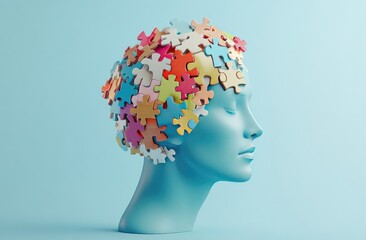 A profile image of a human head containing colorful puzzle pieces, symbolizing learning and thinking differently to promote mental health