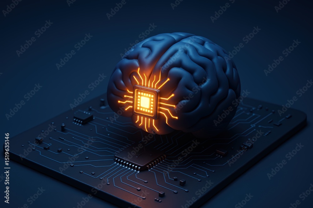 Poster futuristic brain with circuit design and microchip concept for artificial intelligence technology
