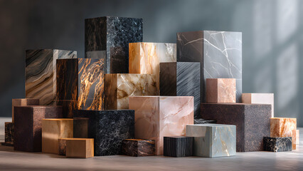 An assortment of cubes, featuring varied mineral patterns and textures for display.