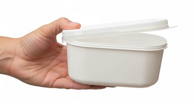 Hand Holding Open White Plastic Food Container with Lid