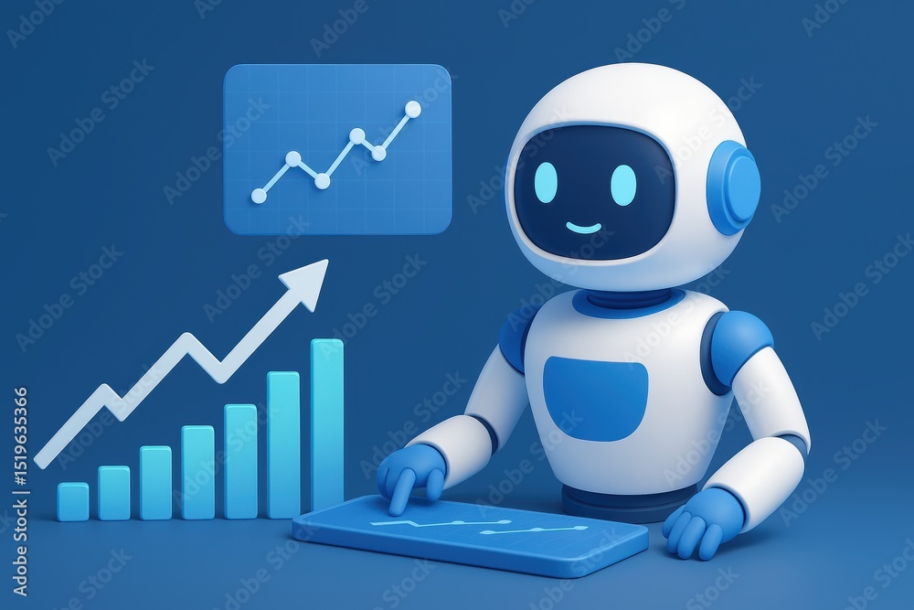 Poster friendly robot analyzing data trends with graphs and charts in a modern digital workspace