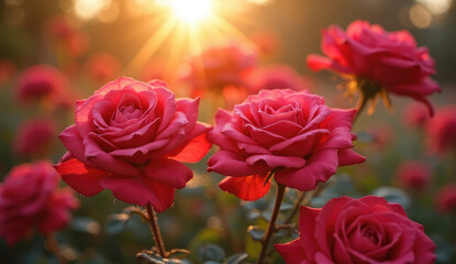 Radiant Pink Roses Bloom in Golden Sunset Light