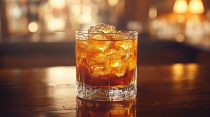 A glass of amber drink with ice on a bar