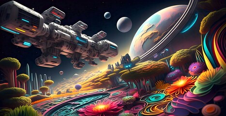 A colossal space station orbiting a distant, glowing planet with the colorful garden in quilling paper style.
