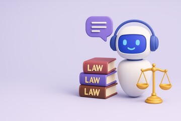 Friendly Legal Robot with Law Books and Scales Symbolizing Justice and Modern Technology