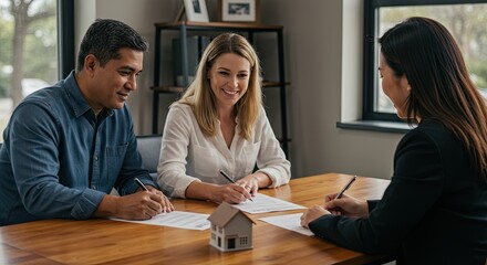 Couple signing real estate documents with a realtor during a home purchase agreement