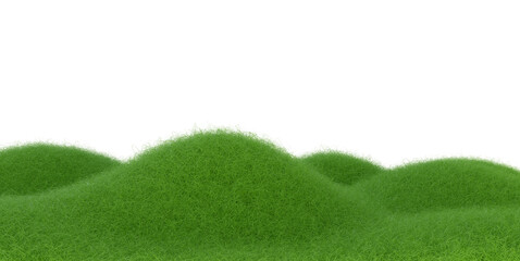 Cartoon green grass hills landscape from fur or felt material. 3d illustration of cute soft child toy. Realistic creative render element.