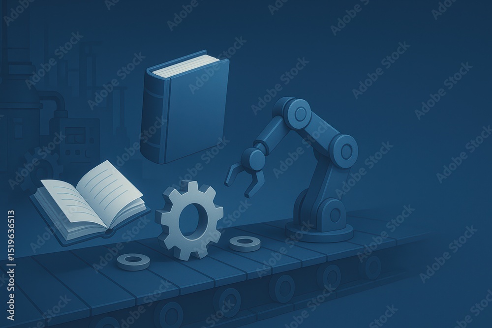 Poster robotics technology and automation with books and gears on a conveyor belt in a factory setting
