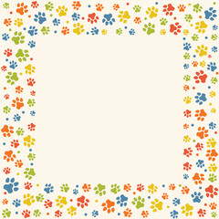 Square frame filled with playful dog paw prints and scattered dots in flat cartoon style. A fun and cheerful design perfect for pet-themed projects, invitations, or animal lover decorations.