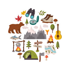 Camping-themed card with colorful outdoor elements arranged in a playful circle. Includes tent, backpack, map, fire, and more in flat cartoon style. Perfect for adventure or nature lovers.