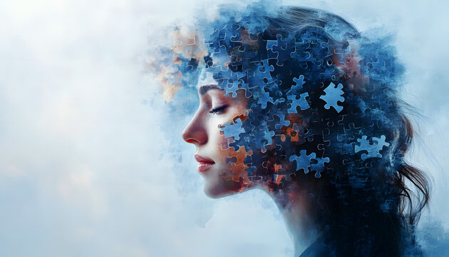 Illustration represents mental health awareness concept. Woman head with puzzle pieces, mind, brain. Bipolar disorder, anxiety, stress, emotional self development. Therapy, psychotherapy,
