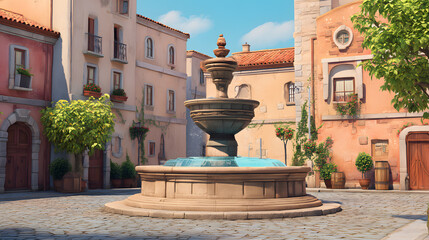 3d Cartoon of a classic fountain in the center city