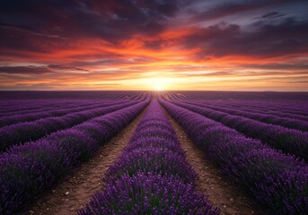 Obraz premium Lavender field at sunset with sun low on horizon over distant mountains. Beautiful violet flower rows extending to vanishing point. Serene nature landscape for wellness and relaxation.