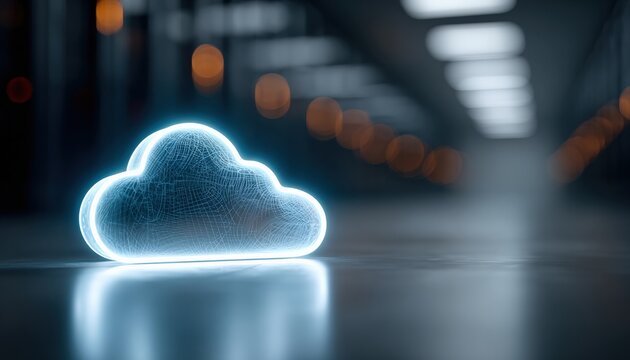 Glowing cloud symbol sitting on a reflective surface with blurred lights in the background scene setup - Powered by Adobe