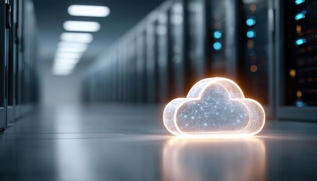 Glowing cloud symbol in a server room representing cloud computing and data storage technology solutions