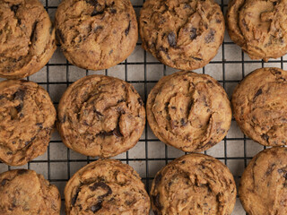 Chocolate chip cookies on white background
