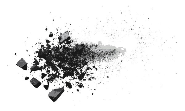 Black chalk pieces explode with dust, flying effect isolated on white, clipping path, cutout, vector illustration, artistic powder burst, dry pigment scatter, classroom supplies.
