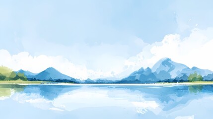 Naklejka premium Watercolor painting of a tranquil lake reflecting mountains under a bright sky. Peaceful nature scene, ideal for relaxation and travel themes.