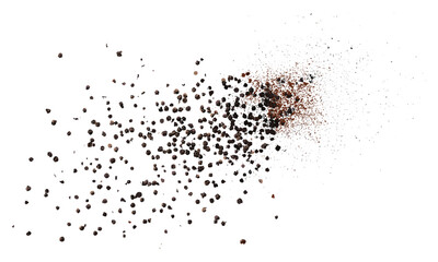Black ground pepper scattered, spice flying isolated on white, clipping path, aromatic seasoning, cooking ingredient, kitchen herb, vector illustration.