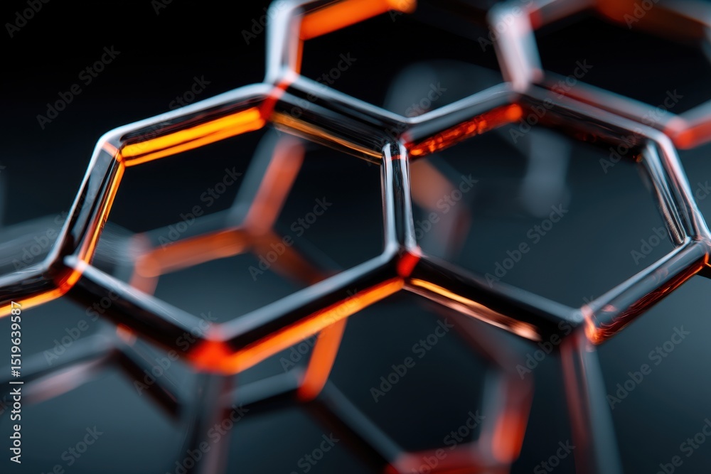 Poster An abstract close-up rendering of interconnected hexagonal structures, illuminated with warm orange and grey tones, creating a futuristic and technological visual experience.