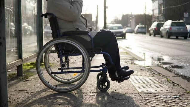 Wheelchair user on an urban sidewalk, bathed in sunlight. Image conveys accessibility, independence, and everyday city life.
