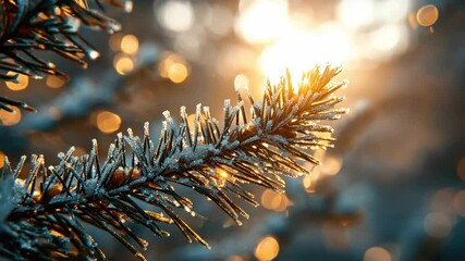 Close-up of an icy pine branch with sparkling bokeh lights creating winter holiday mood, festive nature background. - Powered by Adobe