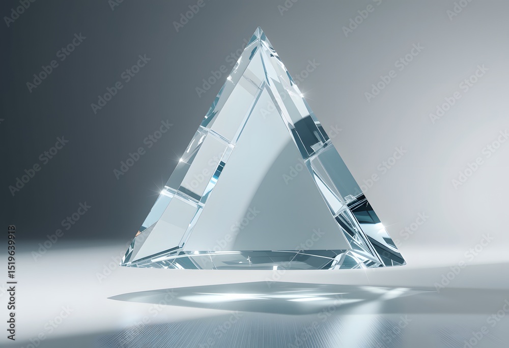 Poster floating triangular prism art, a clean glass object radiating, light creates beautiful reflections, 