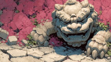 Action scene: stone lion stomping forward, stone ground cracking under enchanted weight