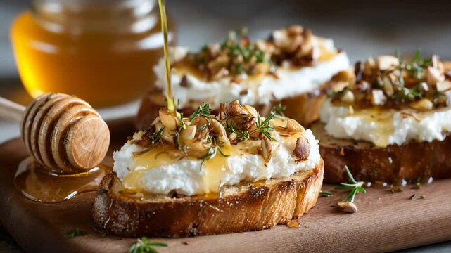 Delicious ricotta toast topped with honey, almonds, and herbs on a wooden board, gourmet breakfast or brunch dish with natural sweet ingredients