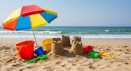 A beach scene with a sandcastle and toys