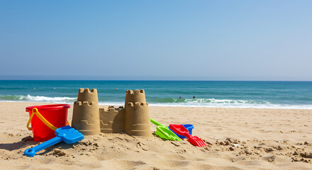 A beach scene with a sandcastle and toys