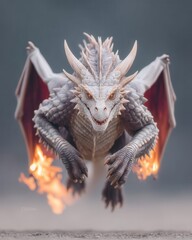 Fototapeta premium Classic western fire dragon with burning tail, epic battle creature flying above scorched field