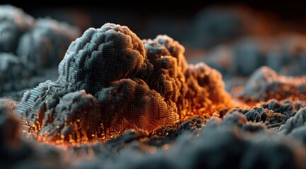 Abstract gray and orange textured formations resembling clouds or geological structures seen up close