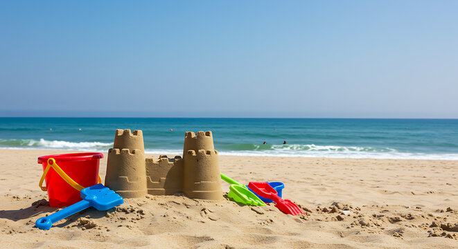 A beach scene with a sandcastle and toys