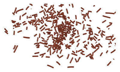 Granules scattered isolated on white, chocolate sprinkles pile, top view, vector illustration, sweet decoration, bakery topping, dessert sprinkles, food styling, chocolate art.