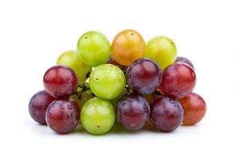 A close up view of a bunch of colorful grapes isolated on a white background in a studio setting