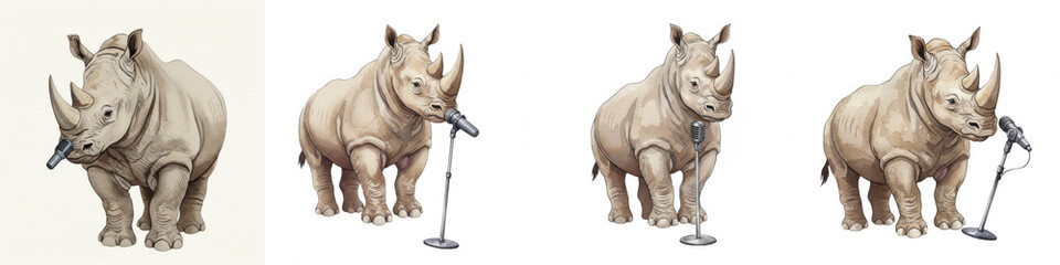 Fototapeta premium Watercolor Rhinoceros Karaoke Star - A rhino enjoys singing karaoke. The symbolizes fun, unexpected talent, individuality, entertainment, and unique performance