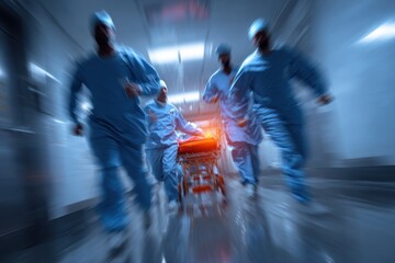 Doctors rush through hospital corridor transporting urgent patient to surgery