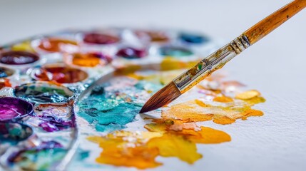 Vibrant hues and artistic strokes, closeup of paintbrush unleashing creativity