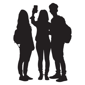Three Friends Taking a Selfie Together with a Smartphone Backpacks on in a Black Silhouette Style silhouette