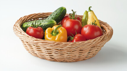 Elegant basket filled with fresh tomatoes, cucumbers, and peppers, showcasing vibrant colors and natural beauty