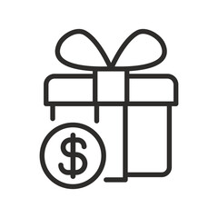 gift box with dollar icon,  loyalty program, money reward, bonus, thin line vector illustration eps10