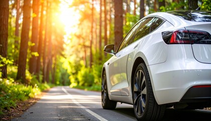 electric car driving in a nature forest, ecological vehicle, sustainable transportation