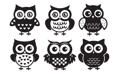 Collection of Cute Owl Illustrations in Black and White Featuring a Silhouette Style Perfect for Graphic Design Projects silhouette