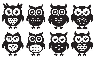 Collection of Cute Owl Illustrations in Black and White Featuring a Silhouette Style Perfect for Graphic Design Projects silhouette